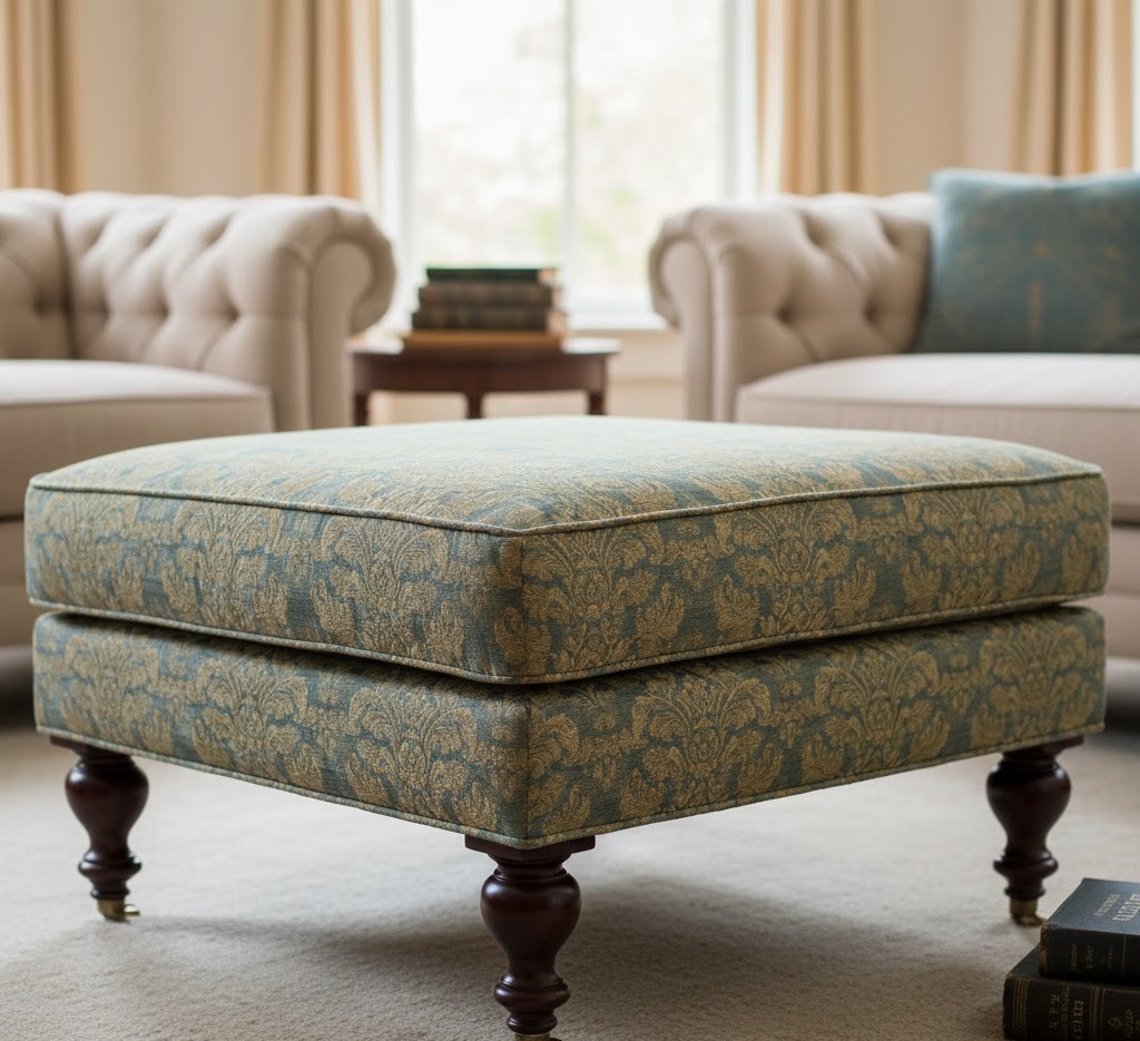 Restored ottoman with custom upholstery